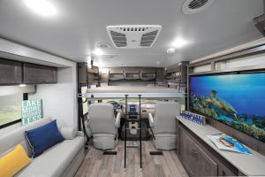A second “bedroom” is created in the cab with Winnebago’s optional StudioLoft bed.