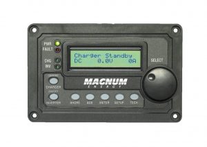 The status of the inverter/charger is shown on the Magnum Energy ME-RC50 remote display panel, which also controls various functions.