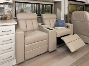 An optional motion power lounge can be selected in place of the standard 70-inch sleeper sofa.