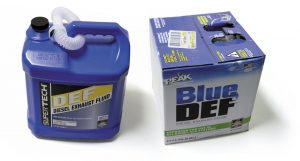 Options include Walmart’s Super Tech DEF (far left) and Blue DEF from Peak, commonly found at truck stops and auto parts stores.