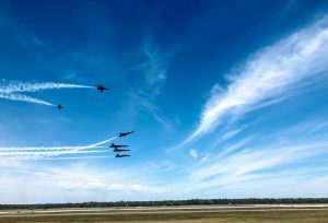 The Blue Angels make practice flights near the Navy base.
