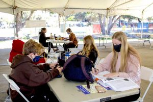 The innovative Open Air Study Hall at Campland On The Bay in San Diego, California, enables students whose families are staying at that facility or at the neighboring Mission Bay RV Resort to complete their schoolwork outdoors in a socially distanced manner, with Wi-Fi available.