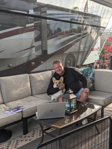 The Johnsons’ dog, Winston, travels with them.