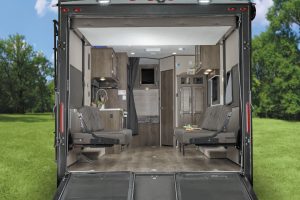 The garage and living area share one space in Jayco's Jay Flight Octane. 