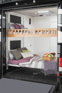 The Newmar Canyon Star 3927 has an open rear garage that can be outfitted with electric-lift bunk beds.