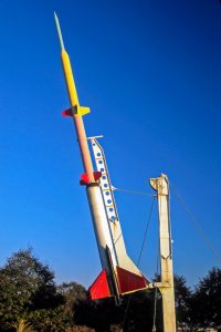An outdoor rocket display at NASA’s Wallops Flight Facility Visitors Center.