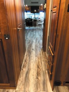 New laminate wood-look flooring produces a fresh, contemporary look in another owner’s RV. 