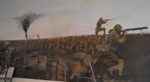 The museum spotlights U.S. military conflicts, illustrated by this World War I mural.