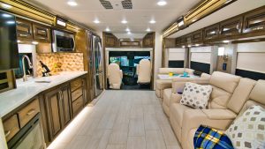 The test coach incorporated Moonstone interior décor, Woodstock cabinetry, and porcelain tile.