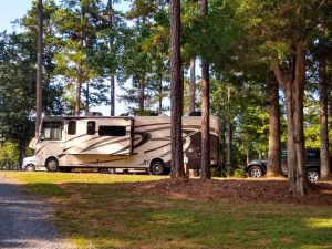 Gerardo and Ann Rincon parked their Thor Hurricane motorhome among the trees while camping outside Atlanta, Georgia.