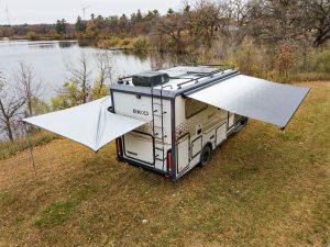 A 13-foot patio awning comes standard on the Ekko; a 270-degree “batwing” awning that wraps around the street side to the rear is optional.