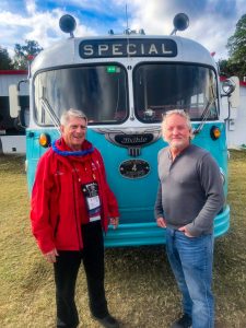 During the Southeast Area Rally in Florida, FMCA president Rett Porter (left) met FMCA member Steve Cramer, who owns the 1947 Flxible bus that once belonged to FMCA’s second president, Ray Fritz, F4, and his wife, Gladys.