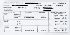 The certification label lists original-equipment tire size, type, minimum inflation, and load range.