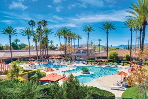 Golden Village Palms RV Resort in Hemet, California, offers amenities such as deluxe pool and spa areas.