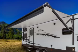 The 33-foot-8-inch Alta 2810 KIK features an illuminated 21-foot power patio awning.