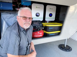 Bob Baker, an Arizona neighbor of the Porters, has equipped his fifth-wheel RV with solar panels, lithium-ion batteries, and inverters that allow him to be electrically independent when traveling.