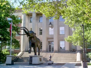 A bronze likeness of “Archie,” the famed Columbian mammoth, stands outside Morrill Hall at the University of Nebraska.