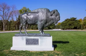 This life-sized bronze bison, one of Lincoln’s best-known sculptures, presides over Pioneers Park.
