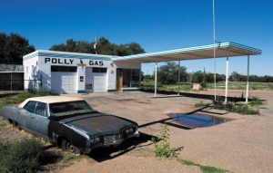 Originally a Texaco service station, this re-creation in Tucumcari, New Mexico, calls to mind the Polly Gasoline stations of old.