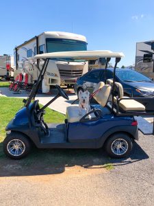 “Buddy the Wonder Dog” was rarin’ to ride the golf cart during a stay at Anchor Down RV Resort in Dandridge, Tennessee, with his humans, Oscar and Patricia Wiltse.