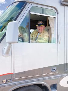 Bill Hendrix, longtime FMCA magazine contributor, arrives at the rally.