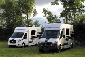 Chinook RV’s Maverick motorhome, on the left, is built on the Ford Transit all-wheel-drive chassis. The Summit, right, is a Mercedes-Benz-based model.
