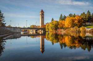 From Riverfront Park, visitors can cross the bridge to Havermale Island and see the Clocktower.