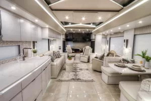 Each client collaborates with the Newell design team to create a customized coach, as shown in the featured unit’s living area.