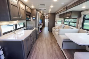 A look at the 38MX from front to rear with the living area slideout extended.