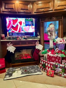 The RV living room is ready for cold nights and Christmas morning.