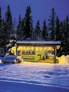 At Whistler RV Park and Campground, the Brew Mountain Café serves takeout meals during the winter .