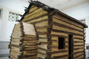 Inside the memorial in Hodgenville is a replica of Lincoln’s birthplace, a one-room cabin.