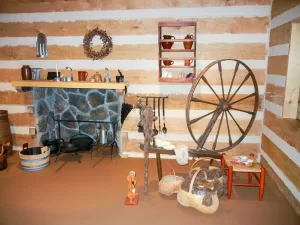 The interior of Lincoln’s childhood cabin at Knob Creek Farm in Kentucky houses 19th-century household necessities.