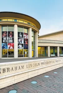 The Abraham Lincoln Presidential Library and Museum in Springfield holds the world’s largest collection of Lincoln-related artifacts. 