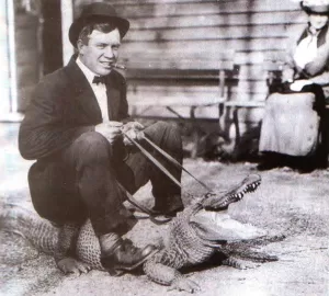 Hall of Fame centerfielder Tris Speaker rode a stuffed alligator at the Alligator Farm during spring training.