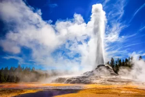 Castle Geyser is thousands of years old and erupts about every 14 hours, with water frequently reaching 75 feet high.