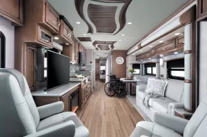 The Newmar Kountry Star 4011 includes a dinette with space for a wheelchair.