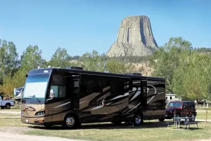 Bob MacLeod and Pam Strickland’s motorhome and towed vehicle seemed to pose for a photo with Wyoming’s Devils Tower at the nearby KOA.