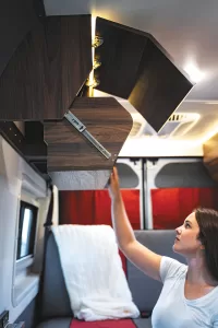 In the Winnebago Roam Type B, storage areas can be reached from a seated position.