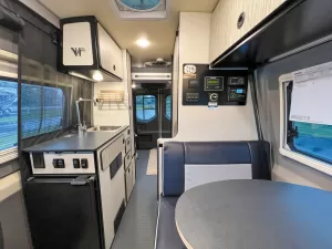 The RV’s functional interior design suits off-grid camping.