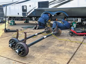 It takes about 30 hours of labor to convert a tandem-axle RV trailer with leaf springs to the MORryde Independent Suspension.
