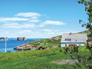 Not far from Bonaventure Island, Percé Rock rises from the waters of the Gulf of St. Lawrence.