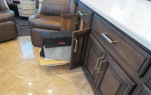 Patti’s RV has a custom-built cabinet to store sewing supplies.
