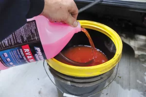 For larger RVs that require more antifreeze, fill a 5-gallon pail to keep from running dry during the process.