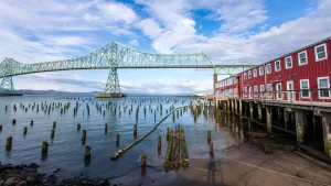 Astoria-Megler Bridge is a steel cantilever through-truss bridge spanning the Columbia River.