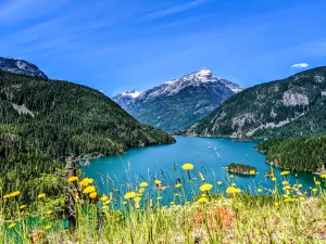 Diablo Lake is a glacier-fed reservoir surrounded by rugged mountains.