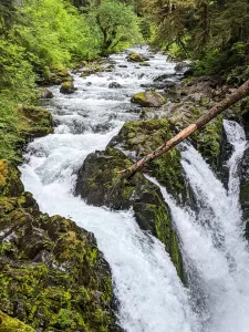 Sol Duc Falls is surrounded by lush landscapes.