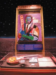 Portraits of blues figures hang at Gateway To The Blues Museum.