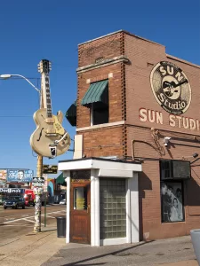 Sun Studio in Memphis is the iconic location where Elvis Presley and Johnny Cash recorded many hits.