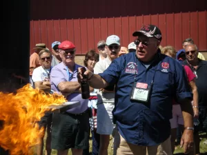 At FMCA conventions, Mac McCoy discussed the various types of fires and proper fire extinguisher use and also gave live demonstrations.